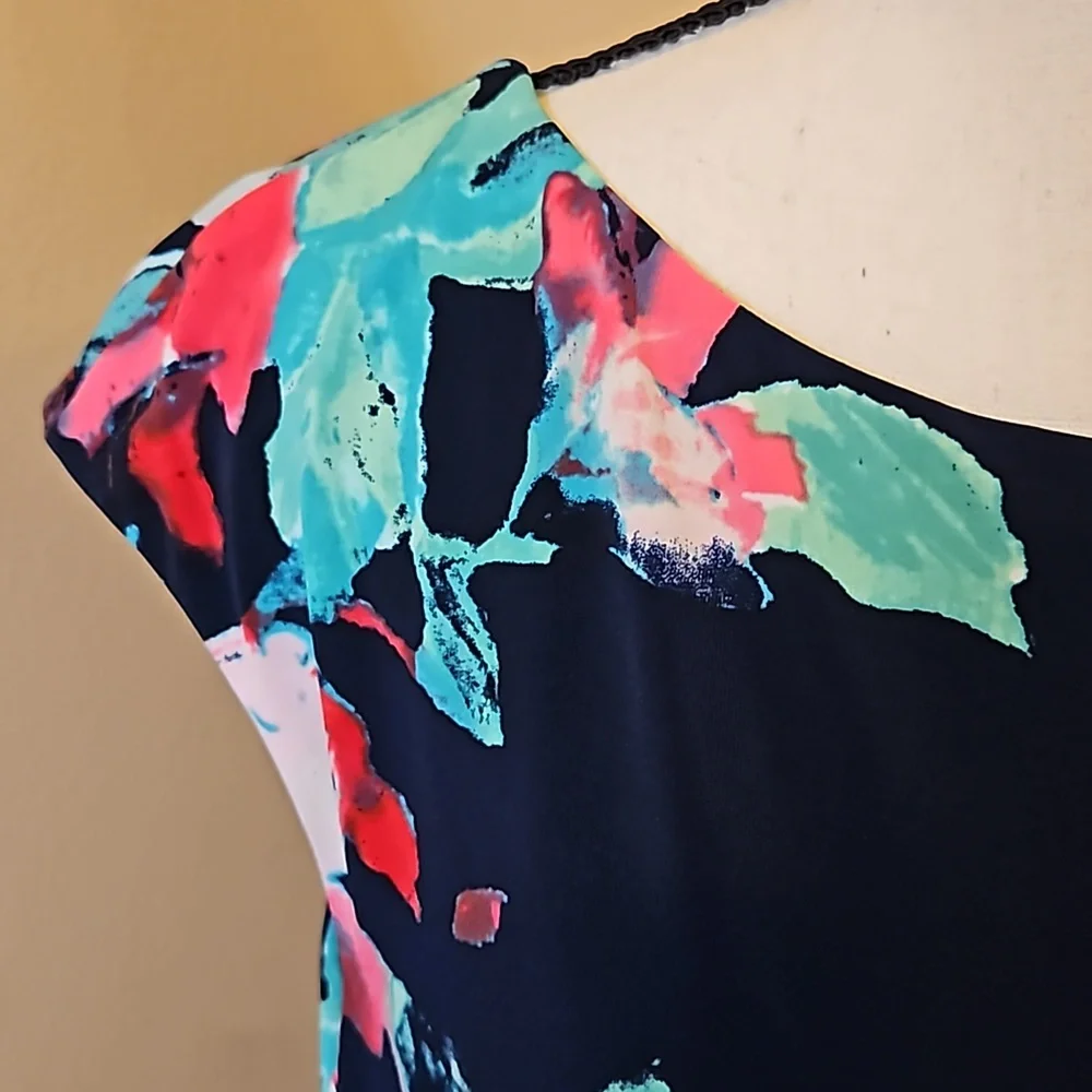LAUREN RALPH LAUREN DRESS FLORAL 16 BLACK PINK GREEN WHITE Cap Sleeves - Picture 3 of 12